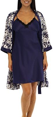 Pajama Heaven Satin Chemise and 36" Robe Set (gown established-Navy Blue Floral, XL)